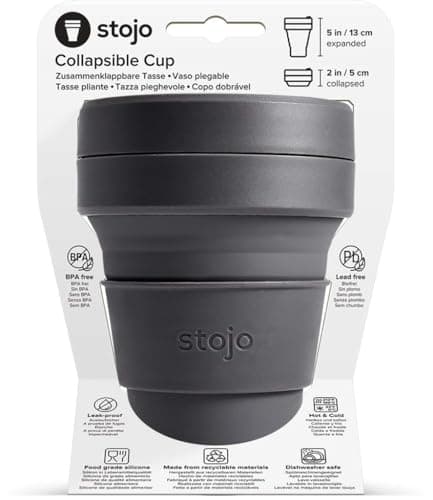 STOJO On-The-Go Collapsible Coffee Cup - 12oz / 355ml - Reusable & Foldable Silicone Travel Mug with Lid - Portable, Pocket Size - Dishwasher Safe - Carbon — view 2