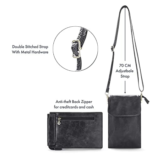 Woodland Leather Phone Bag, Crossbody Bags For Women Vegan Leather Cell Phone Purse Wallet Small Shoulder Bag - Fit All Phones phone bags for women crossbody with Anti theft zipper pocket, Black — view 5