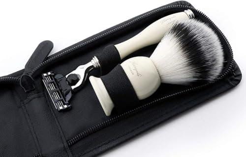 Travel Shaving Set with Synthetic Hair Brush & Triple Edge Cartridge Compatible Razor in a Faux Leather Travel Case Ivory/Off-White Handles by Haryali London — view 4