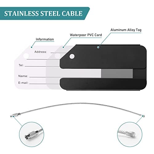Luggage Tags, 2Pcs Aluminum Alloy Baggage Labels, Suitcase ID Tag Set, Handbag Tag Labels Travel Accessories for Checked Luggage, Hand Luggage and Handbags - Black & Silver — view 3