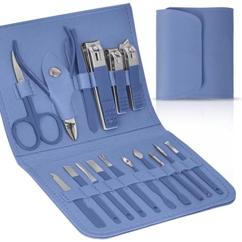 LOPHE Professional Manicure Set, 16pcs Portable Nail Clippers & Eyebrow Grooming Kit, Stainless Steel Nail Care Tools with Luxurious Leather Case for Travel & Home(blue)