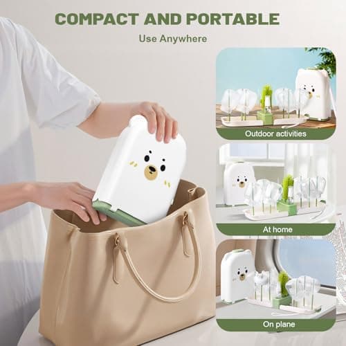 Baby Bottle Brushes for Cleaning Baby Bottle Cleaner Brush Travel Steriliser for Baby Travel Essentials with Silicone Bottle/Nipple/Straw Brush Soap Dispenser Drying Rack (Green) — view 2