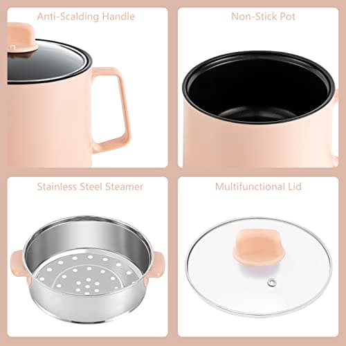 1.7L Electric Hot Pot 220V Portable Mini Cooker with Steamer & 300W/600W Dual Power Multi-functional Portable Electric Pot for Home, Travel & Camping (Pink) — view 6