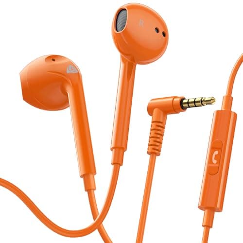 Ludos ZENITH Wired Earbuds in-Ear Headphones, 2 Year Warranty, Earphones with Microphone, Corded for 3.5mm Jack Ear Buds for iPhone, Samsung, Computer, Laptop, Kids, School Students, Woman - Orange