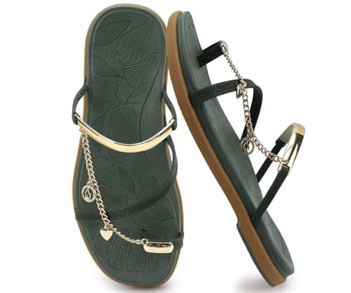 ONCAI Flat Sandals for Women with Toe-loop Square Open Toe Strappy Slide Sandal 2026 Summer Fashion Dressy Slip on Green/Khaki Size 6 Casual Beach Lightweight Outdoor Ladies Slides Shoes