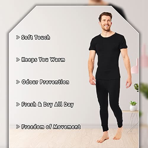 Heatwave® Pack Of 2 Men's Thermal Underwear Set, T-shirt & Pants Baselayer Set Thermals, Small Black — view 3