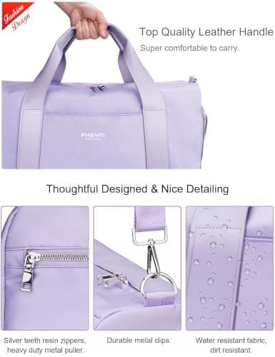 Gym Bag for Women,Pu Leather Handle,Dry Wet Separated with Shoe Compartment & Wet Pocket,Waterproof Duffle Bag for Travel Sports Fitness Workout Athletic (Purple, 19"-Medium) — view 3