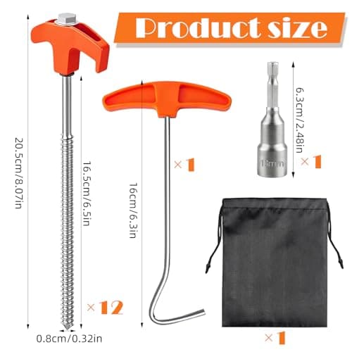 12 Pack Heavy Duty Tent Pegs, 8.07in Camping Rock Pegs, Ground Anchors with Thread, Includes Drill Adapter & Nail Puller & Drawstring Bag, Ideal for Camping, Rock, Beach (Orange) — view 2