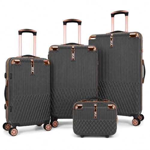 XPLR 4 Piece Hard Shell Luggage Set - Durable ABS Lightweight Suitcase - 14" 20" 24" 28" Cabin Carry On - TSA Lock - 360° Spinner Wheels - Rose Gold Trim & Vanity Case (Urban Graphite)