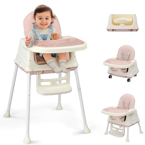 LALAHO 3-in-1 Baby High Chair W/ 5-Point Harness and Locking Wheels, Pink