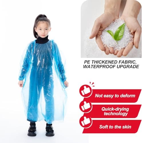 WUBAYI 7 Pack Kids Disposable Rain Poncho PE Material, Adjustable Drawstring Hood & Elastic Sleeves, Waterproof Reusable Plastic Ponchos for School, Travel, Camping, Outdoor Activities — view 5