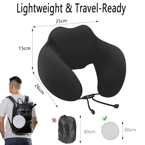 Romon U Shaped Travel Pillow,Travel Memory Foam Pillow,360° Ergonomic Support,Adjustable Lanyard,Hard Case For Airplane Car Train Black — view 3