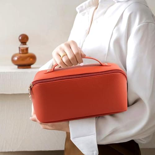 MAMUNU Large Capacity Cosmetic Travel Makeup Storage Bag with Handle Portable Zipper Cosmetic Toiletry Makeup Bag Large with Compartments for Women Girls (Orange) — view 2