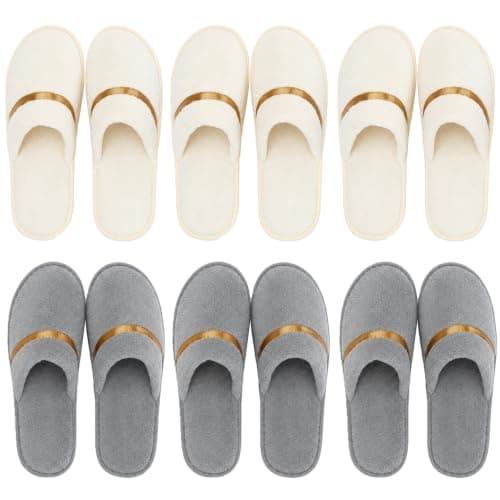 Iyxeo 10 Pairs Golden Trim Hotel Slippers, 5 Beige & 5 Grey Disposable Guest Slippers for Spa, Wedding, Travel, Universal Size
