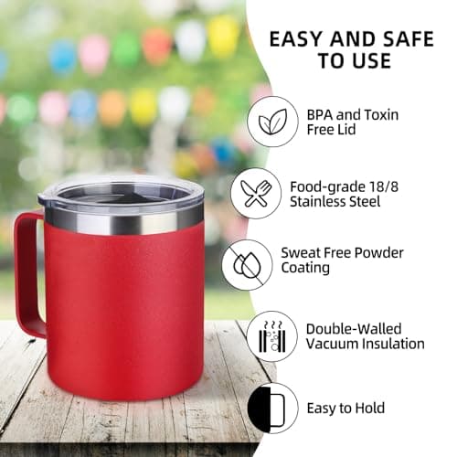 Volhoply 14oz Insulated Stainless Steel Coffee Mug with Leakproof Lid,Double Wall Vacuum Travel Coffee Cup with Handle,Reusable Metal Tumbler,Camping Mugs Keep Hot&Cold,Christmas Gifts(Red,1) — view 4
