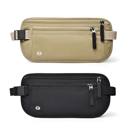 2 Pcs Travel Money Belt for Hidden Security Money Belts for Travel Hidden Women and Men - Multiple Pockets,Elastic Waistband,RFID Blocking,Lightweight and Durable for Running,Cycling(Black, Khaki)