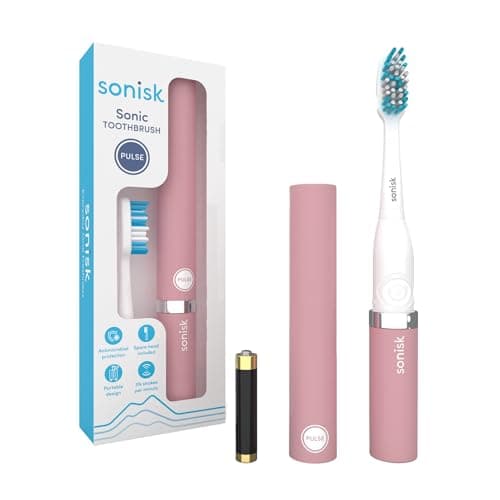 Sonisk Pulse | Battery Powered Electric Toothbrush | Portable Travel Size with Antimicrobial Sonic Technology | 1x Battery, 2X Brush Heads, 1x Travel Case Included (Dusty Pink)