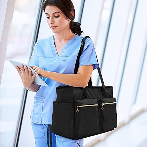 Damero Nurse Tote, Nurse Work Bag with Laptop Sleeve and Pockets, Black — view 2
