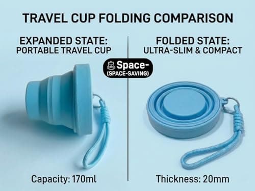 PRK 14 Silicone Foldable Travel Mug | 170ml Reusable Collapsible Coffee Cup | BPA Free & Leakproof | Portable Pocket-Sized Cup for Travel, Camping, and Commuting with Strap (Baby Blue) — view 6
