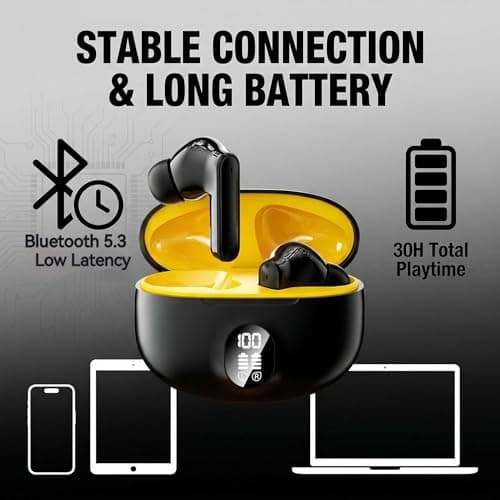 FuJiaXin Wireless Earbuds, Bluetooth 5.4 Earphones In Ear with 4 HD microphone, 40H Playtime, HIFI Stereo In Ear Headphones, IPX7 Waterproof Bluetooth Earbuds, LED Display, Sport/Work/Black — view 2