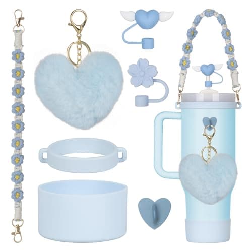 Rabrgab Stanley 7 Pack Mug Accessories with Handle, Heart/Flower Shaped Straw Lid, Silicone Boots, Heart Shaped Charms for Water Bottle, 20oz Tumbler, 880.5