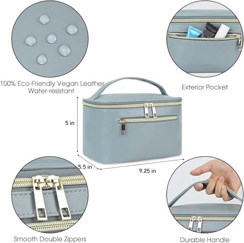 Travel Makeup Bag, Large PU Leather Cosmetic Case with Brush Compartment, Greyish Blue — view 5