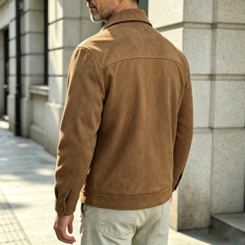 Mens Faux Suede Jacket Full Zip Jackets Turn Down Collar Coat — view 2