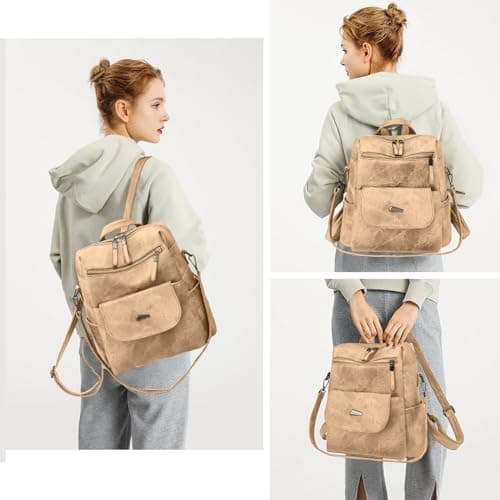 Puwuzixi Women Backpack Waterproof Anti-Theft Lightweight PU Fashion Travel Multipurpose Convertible Purse Shoulder Bag Handbag Backpack Khaki — view 2