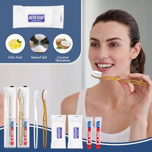 100 Sets Disposable Toothbrush with Toothpaste and Soap, Travel Toiletries Kit Bulk, Hotel Guest Supplies Set with 50 Clear and 50 Brown Toothbrushes for Travel Camping Guest Use — view 4