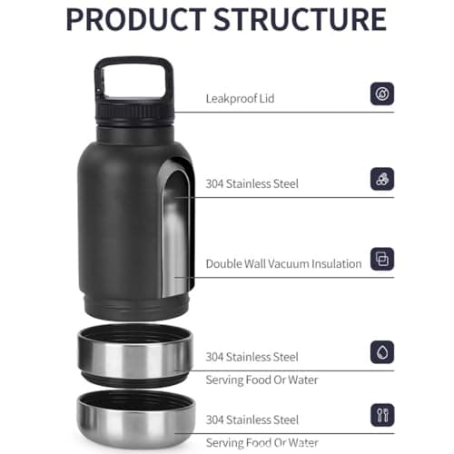 lopituwe Insulated Portable Dog Water Bottle with 2 Food Container 3 in 1 Stainless Steel Pet Drinking Bottle 32oz Multifunctional Dog Travel Water Bowl For Outdoor, Travel, Walking, Hiking(Black) — view 2