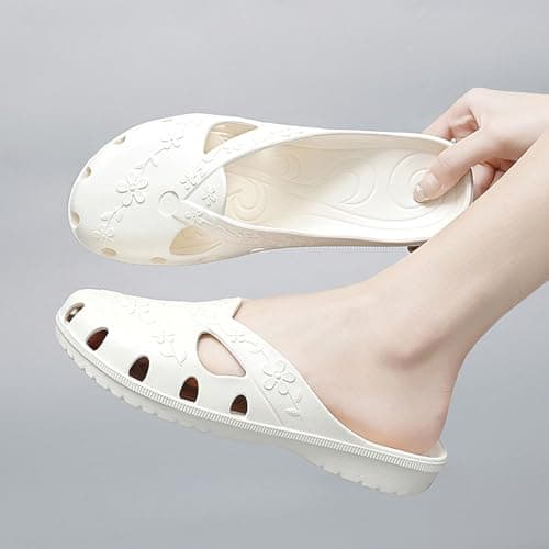 MEIAGDT Women's Flat Sandals Slip On Water Sandals Casual Floral Mules Lightweight Closed Toe Summer Beach Shower Shoes for Pool, Garden, Walking, Vacation Beige-41 — view 2