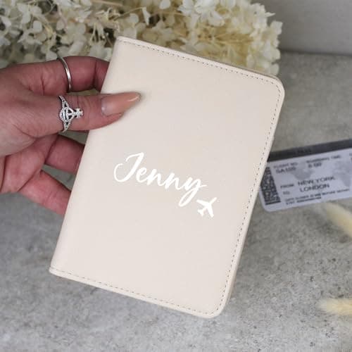 eBuyGB Personalised Passport Holder, Custom Name Passport Cover Travel Wallet, Faux Leather Travel Document Holder, Holiday, Honeymoon & Destination Wedding Gift for Her (Oyster) — view 2