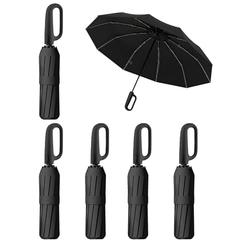 LAZYTAIL 6 PCS Travel Umbrella with Carabiner Handle | Windproof Dual-Rib Design | Compact UV Protection for Rain & Sun, Fits Car & Backpack(Black)