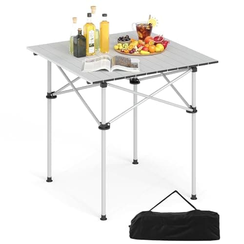 COSTWAY Aluminum Folding Camping Table, Roll Up Portable Picnic Table with Carrying Bag for 4-6 People, Steel Frame Fold up Dining Desk for Hiking Fishing BBQ (Square, Silver)