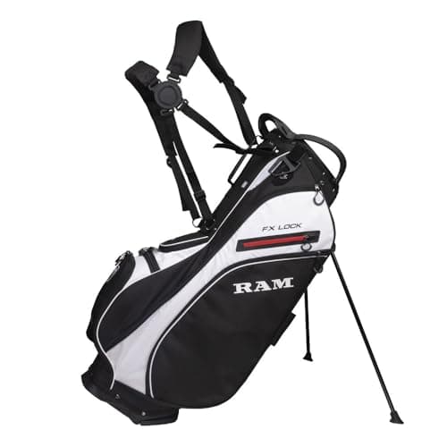Ram Golf FX-LOCK Stand Bag with 14-Way Silent Lock-In Divider Top, 8 Pockets, Dual Strap, EVA Hip Pad & Auto-Deploy Stand — Lightweight 3.4 kg Carry Bag for Men & Women Black/White