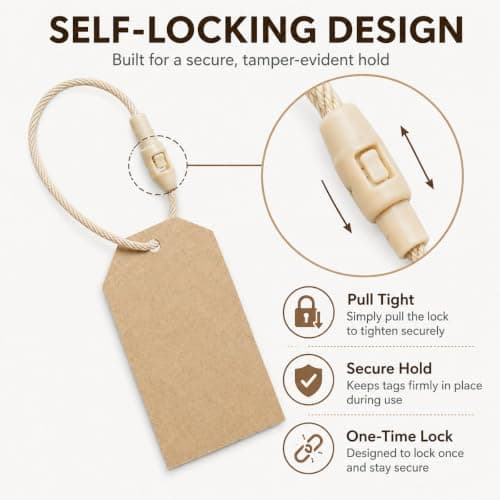 Thick Cotton Hang Tag String with Secure Snap Lock, 300 Pcs Beige Clothes Label Fastener Loops, 20cm Premium Anti Tamper Price Tagging Cord for Luxury Garment Retail, Fashion Boutiques — view 3