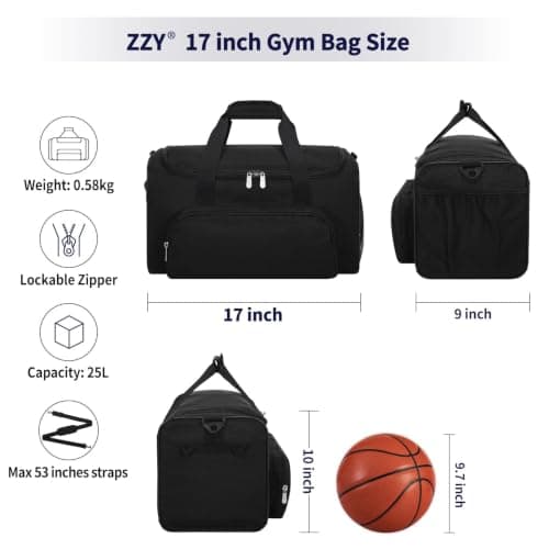ZZY 25L Small Gym Duffle Bag, 17 inch, Black — view 3