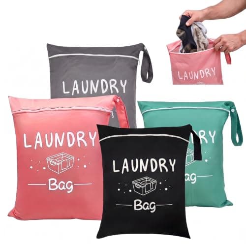4 Pcs Travel Laundry Bag, Waterproof Bag with Metal Zipper and Handle Reusable Washing Bags have 4 colors Laundry Travel Bags for Caravan Gym Camping Dorm Swimming Pool (48×38×0.5cm)