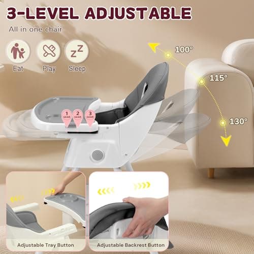 LALAHO 3-in-1 Foldable Baby High Chair with 5-Point Safety Harness Grey — view 5