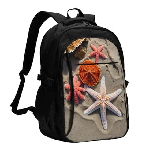ZHANLEI Starfish and Coral on Beach Printed Backpack,Travel Laptop Backpack for Men Women with USB Charger Port, Starfish and Coral on Beach, One Size
