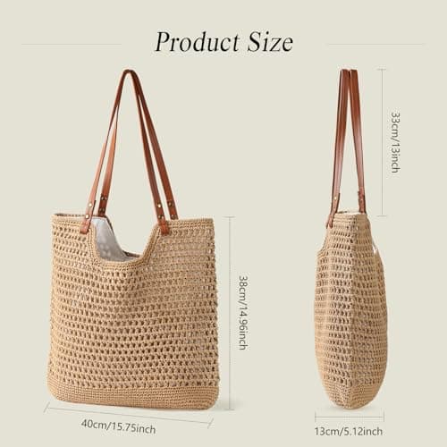 Sightor Crochet Beach Bag, Woven Tote Bag Summer Boho Bag Travel Casual Shoulder Bag for Summer Vacation (Brown) — view 4