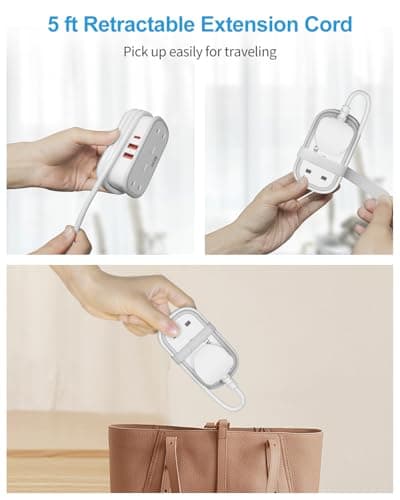 Travel Extension Lead, BEVA Power Strip with Retractable USB C Cable, 2 Way Power Socket with 3 USB Ports (1 USB C), 1.5M Extension Cable Cords for Cruise Travel Hotel Home Office Camping - White — view 5