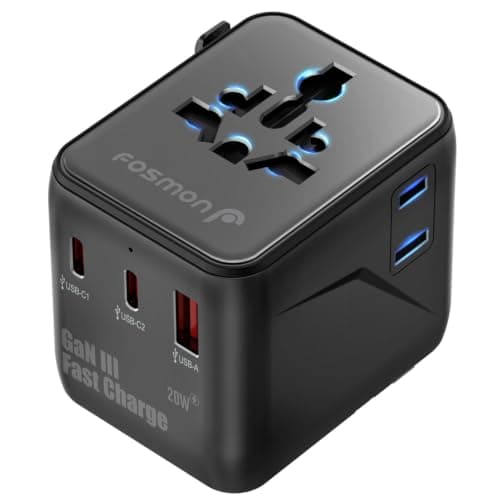 Fosmon Universal Travel Plug Adapter Worldwide, Travel Essential with 2 USB-C, 1 USB-A Port GaN III Mini International Power Adapter, Dual Safety Fuses All in One, UK to EU, Thailand, AU, Japan USA