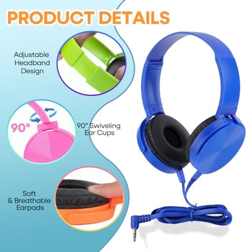 Wensdo 6 Pack Kids Headphones Bulk for School Classroom Students Wired Headsets, Durable Earphones for Children, Library Airplane Online Learning and Travel (6 Mixed Colors) — view 3