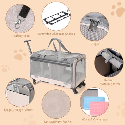 Double Compartments Rolling Cat Carrier with Wheels,Breathable for 2 Cats — view 3