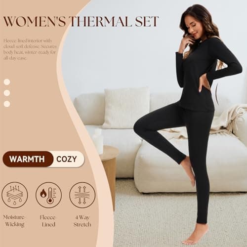 AMZSPORT Women's Thermal Underwear Set, Long Johns Fleece Base Layer, Winter Warm Long Sleeve Top & Soft Leggings for Ladies Black XL — view 4