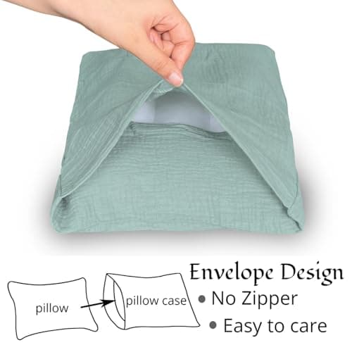 Winmany Toddler Cotton Muslin Pillowcases - Baby Girl Boy Pillow Case Travel Cushion Covers with Envelope Design - Cot Bed Accessories - Fit for 13"x18", 14" x 19", 12"x16" Pillows (Green+Light Grey) — view 4
