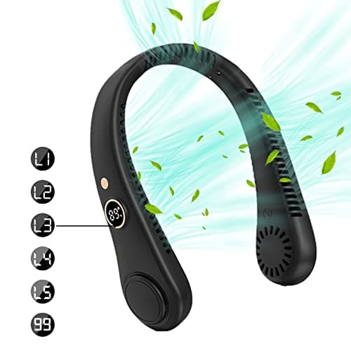 Uotory 360° LED Digital Display Portable Neck Fan,USB Wearable Fan 5 Wind Speeds Hanging Leaf Less Portable Outdoor Hanging Neck Lazy Fan (black) (WWJ-614-4) — view 2
