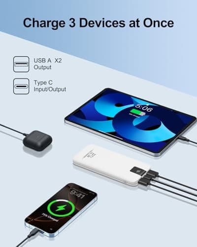 Odetrik Portable Charger 10000mAh 22.5W Power Bank, Fast Charging External Battery Pack with 3 Outputs & 2 Input, Type-C In/Out, LCD Display Slim Portable Phone Charger for Smartphone, Tablets (White) — view 3