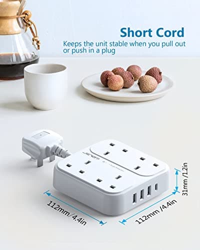 JSVER Plug Extension USB,Extension Lead with 4 USB Slots(3 USBA+1 USB C) Power Socket with 4 Way 4 USB Charging Station(17W) Power Strip Surge Protection for Home Travel,White — view 5